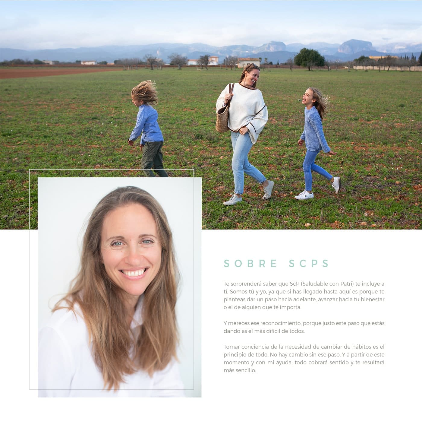 Family walking through a field next to a portrait of Patri smiling