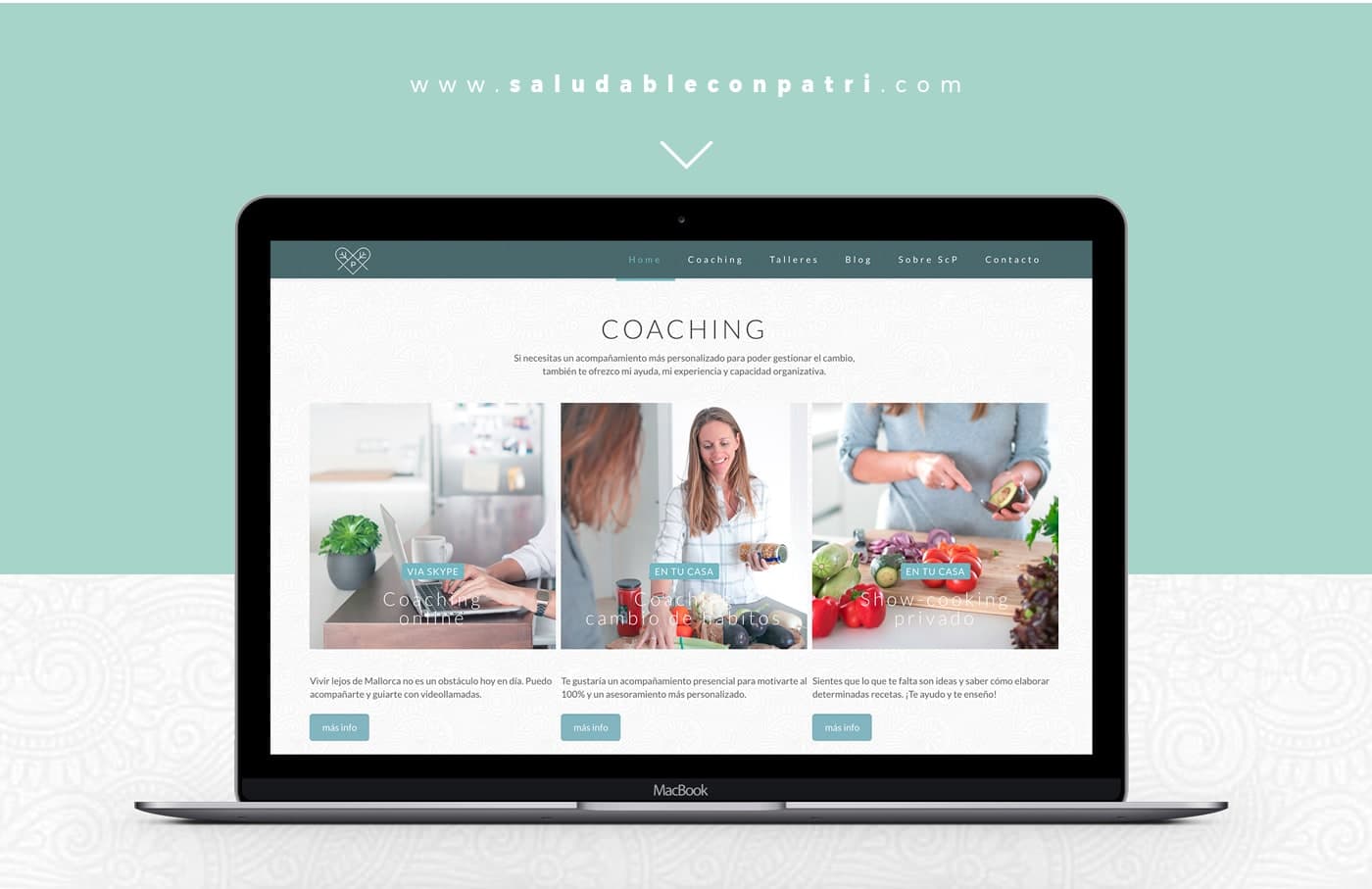 Saludable con Patri website on a laptop showing the coaching options