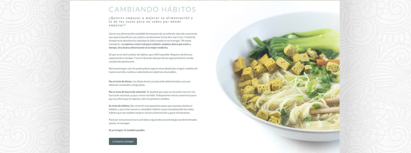 Web page with text about changing habits next to a bowl of noodles with tofu