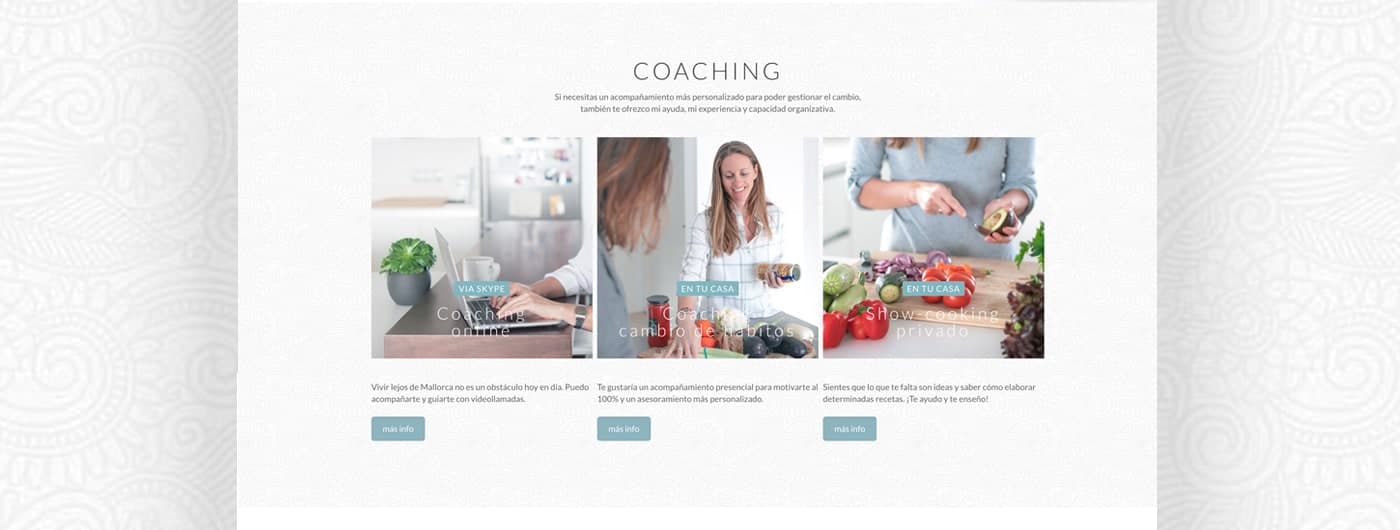 Website section with three photos of online coaching, habit change and show-cooking