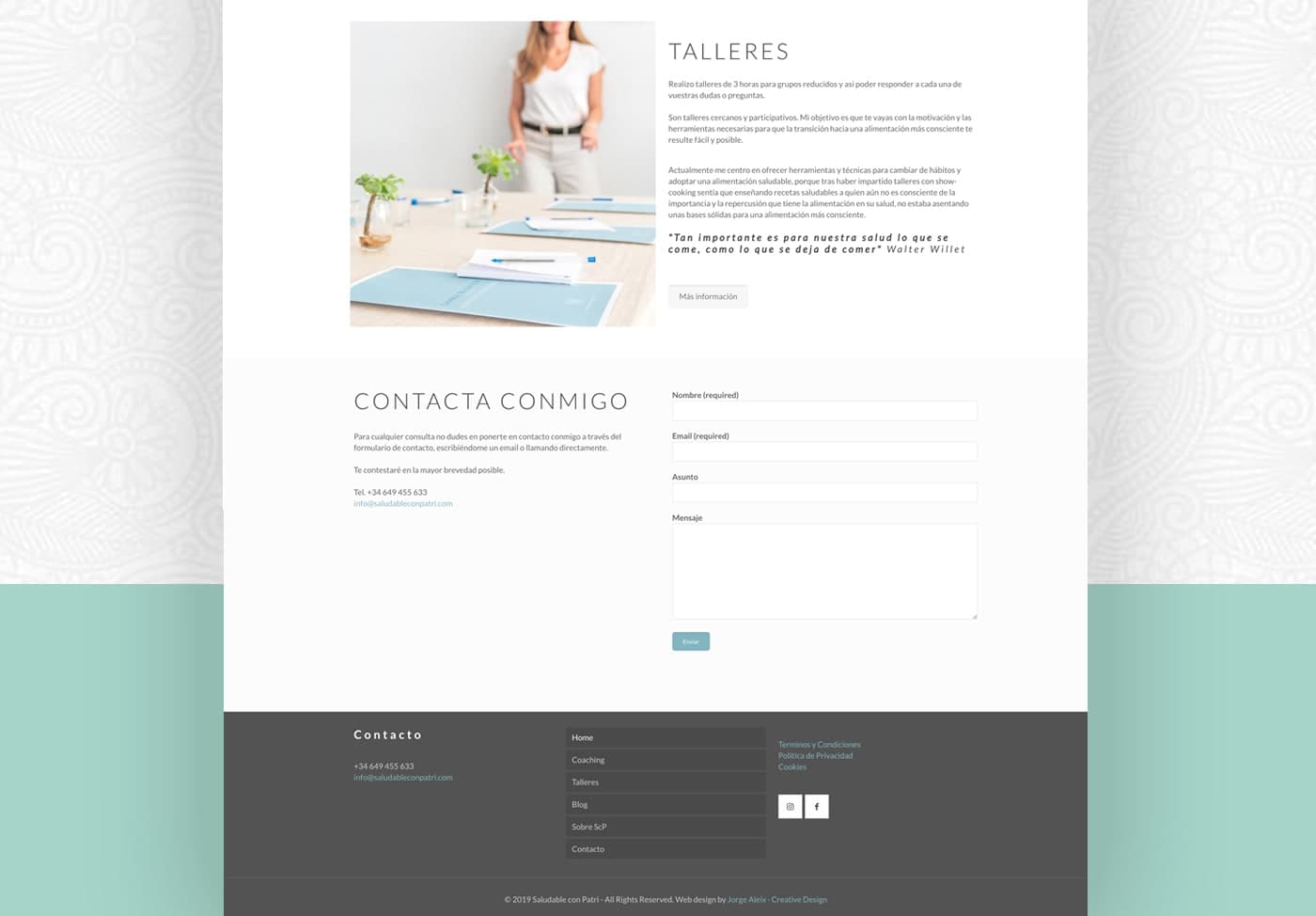 Workshops section and contact form on the Saludable con Patri website