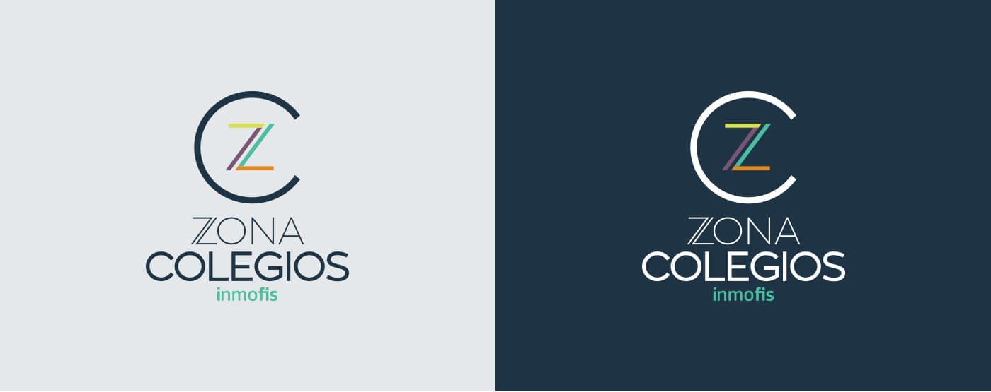 Logotip de Zona Colegios amb lletra C i Z multicolor sobre fons clar i fons blau fosc