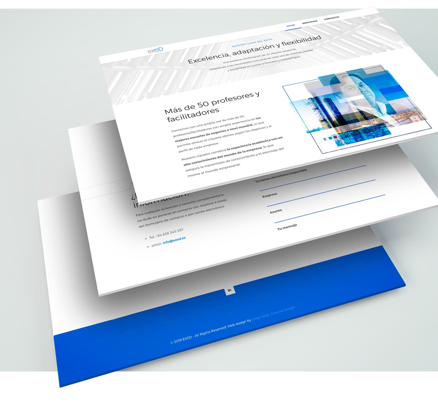 Mockup of several stacked EXED web pages showing services and the contact form