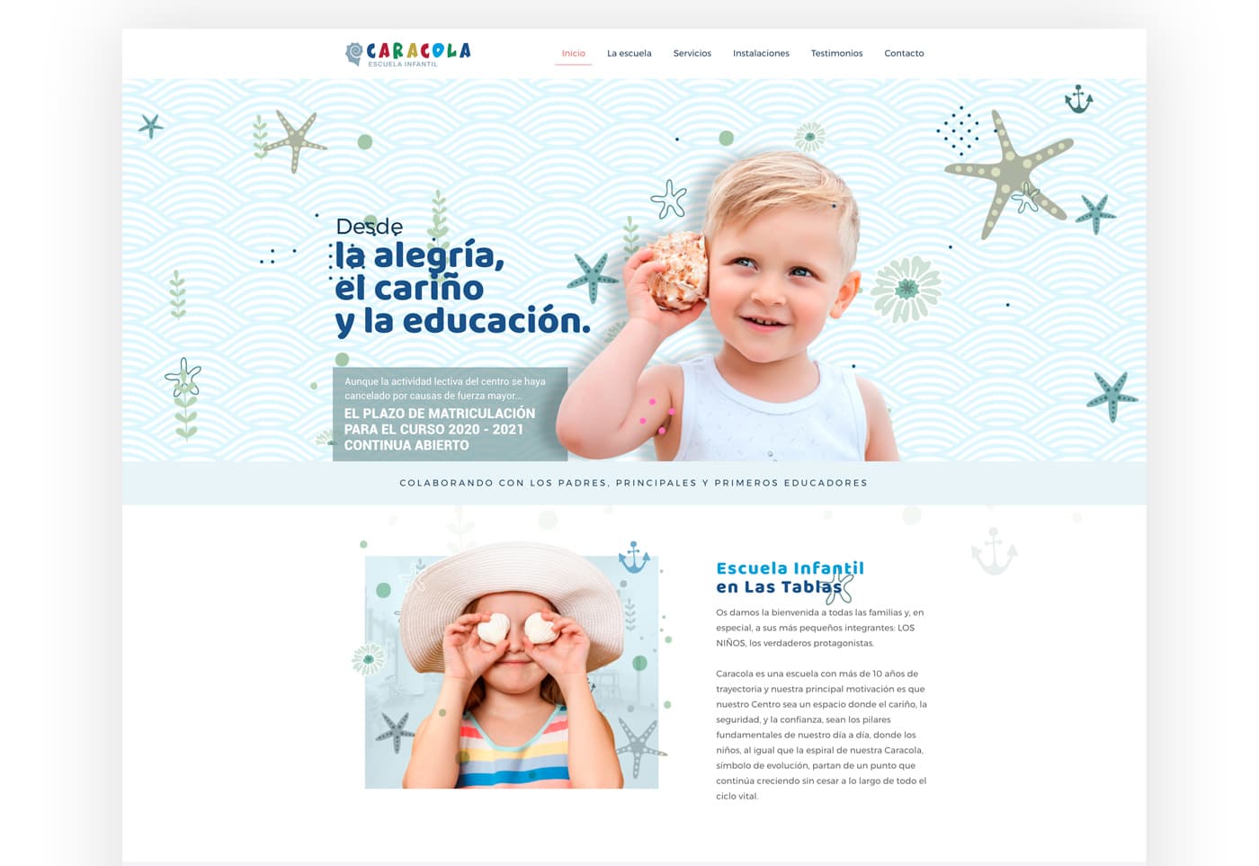 Website homepage with a smiling child and welcome section