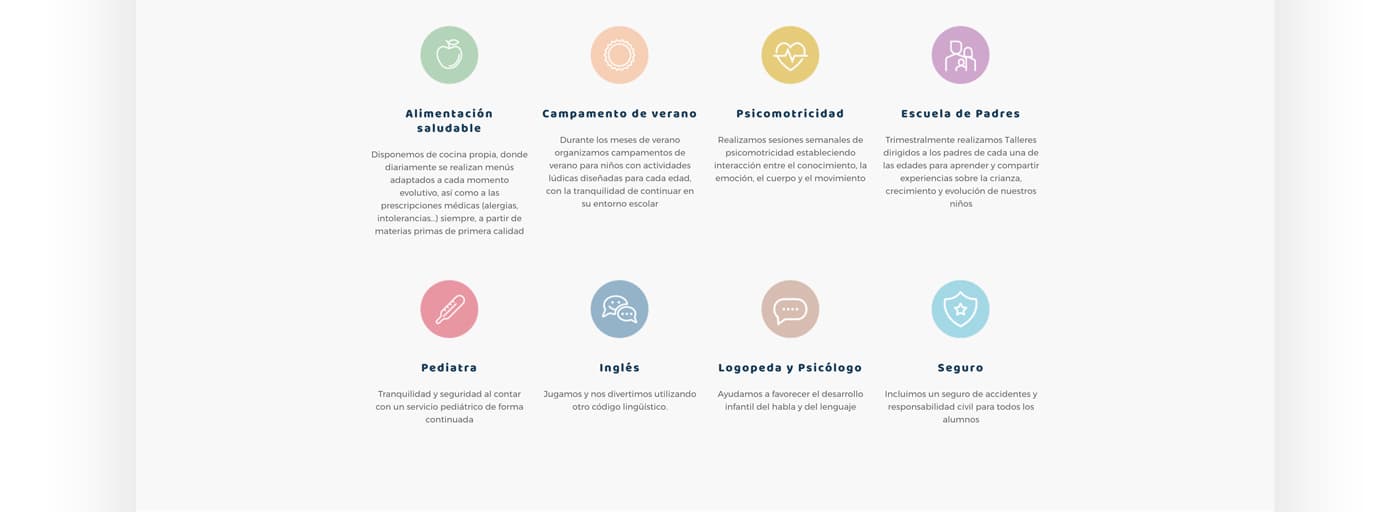 Grid of service icons: meals, psychomotor skills, English and pediatrician