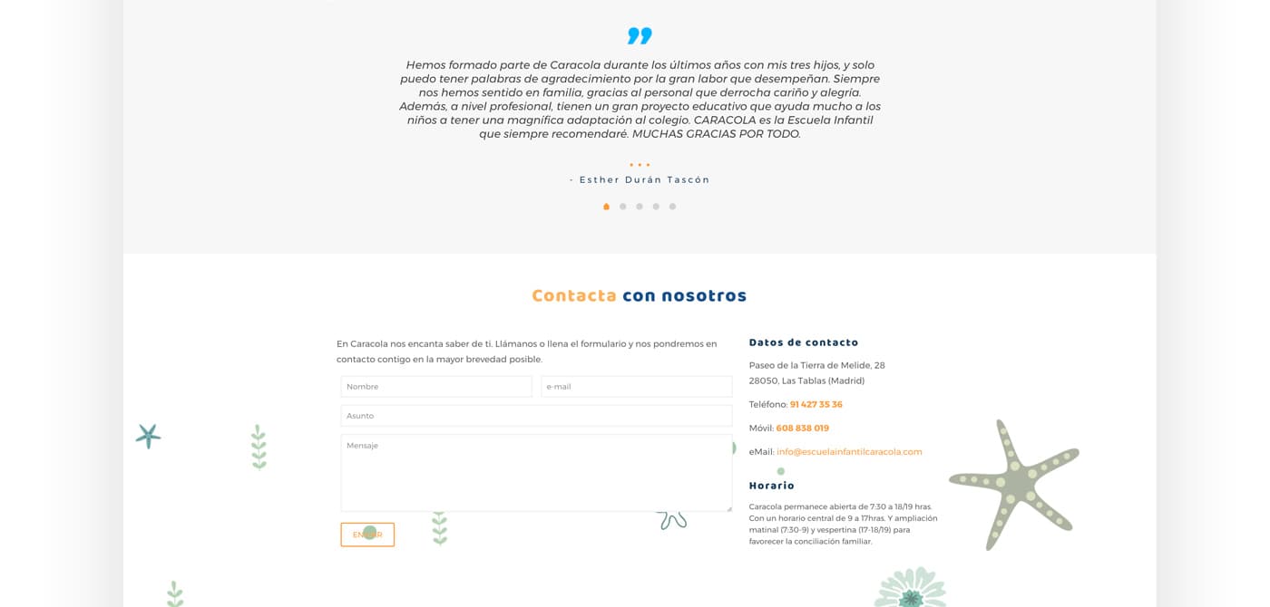 Testimonials section and contact form with illustrated starfish
