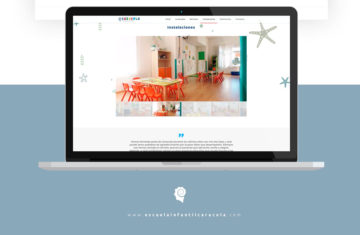Laptop mockup of the Facilities page with a photo of the classroom