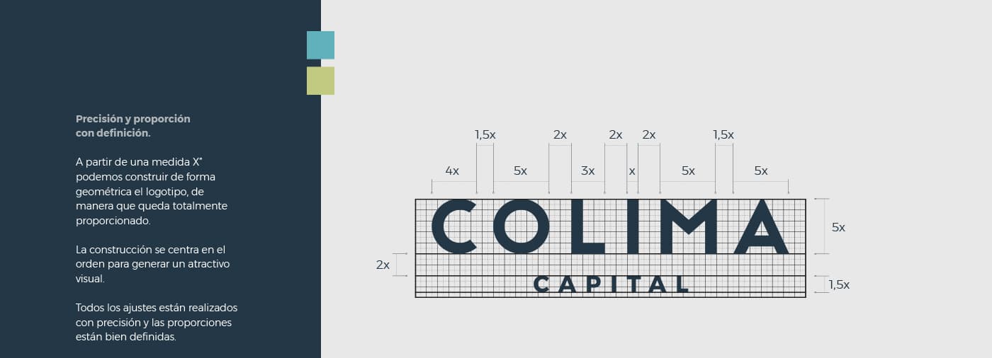 Geometric construction grid of the Colima Capital logo with proportions