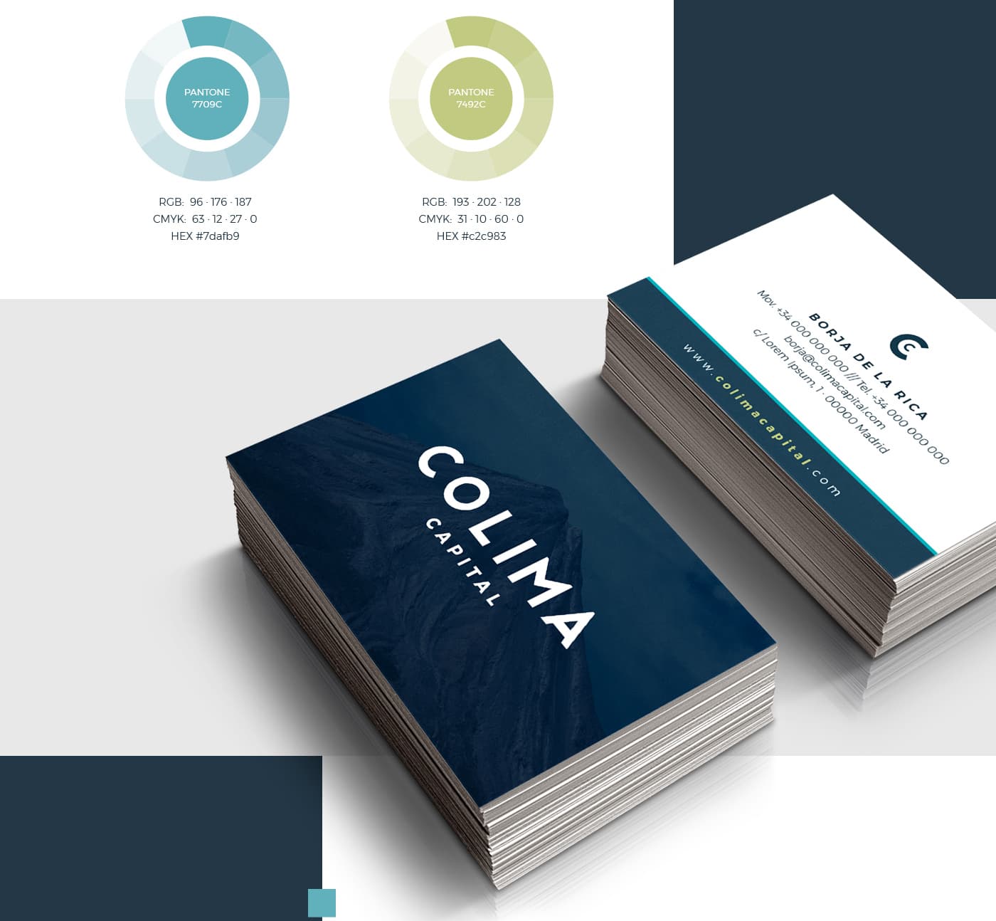 Colima Capital business cards with a mountain photo and complementary colour wheels