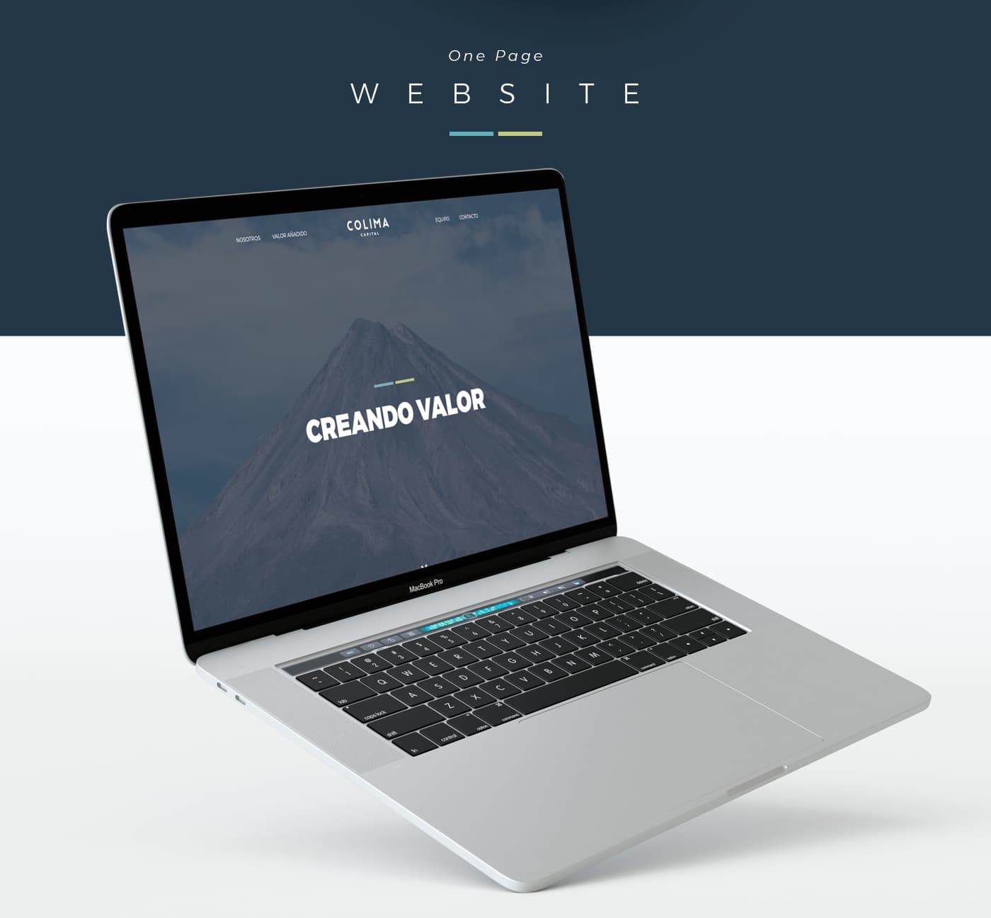 Colima Capital One Page website on a MacBook with a volcano photo and the text Creando valor