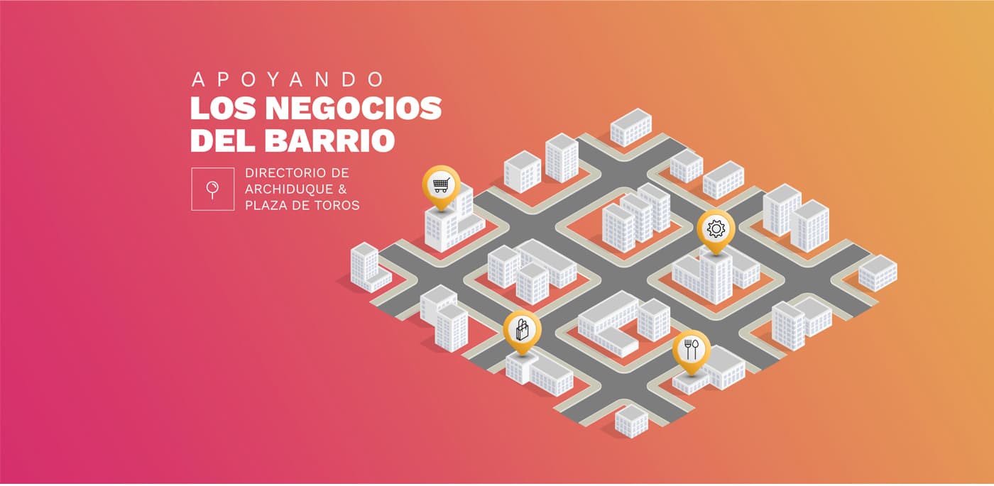 Poster with an isometric illustration of the neighbourhood with its shops marked