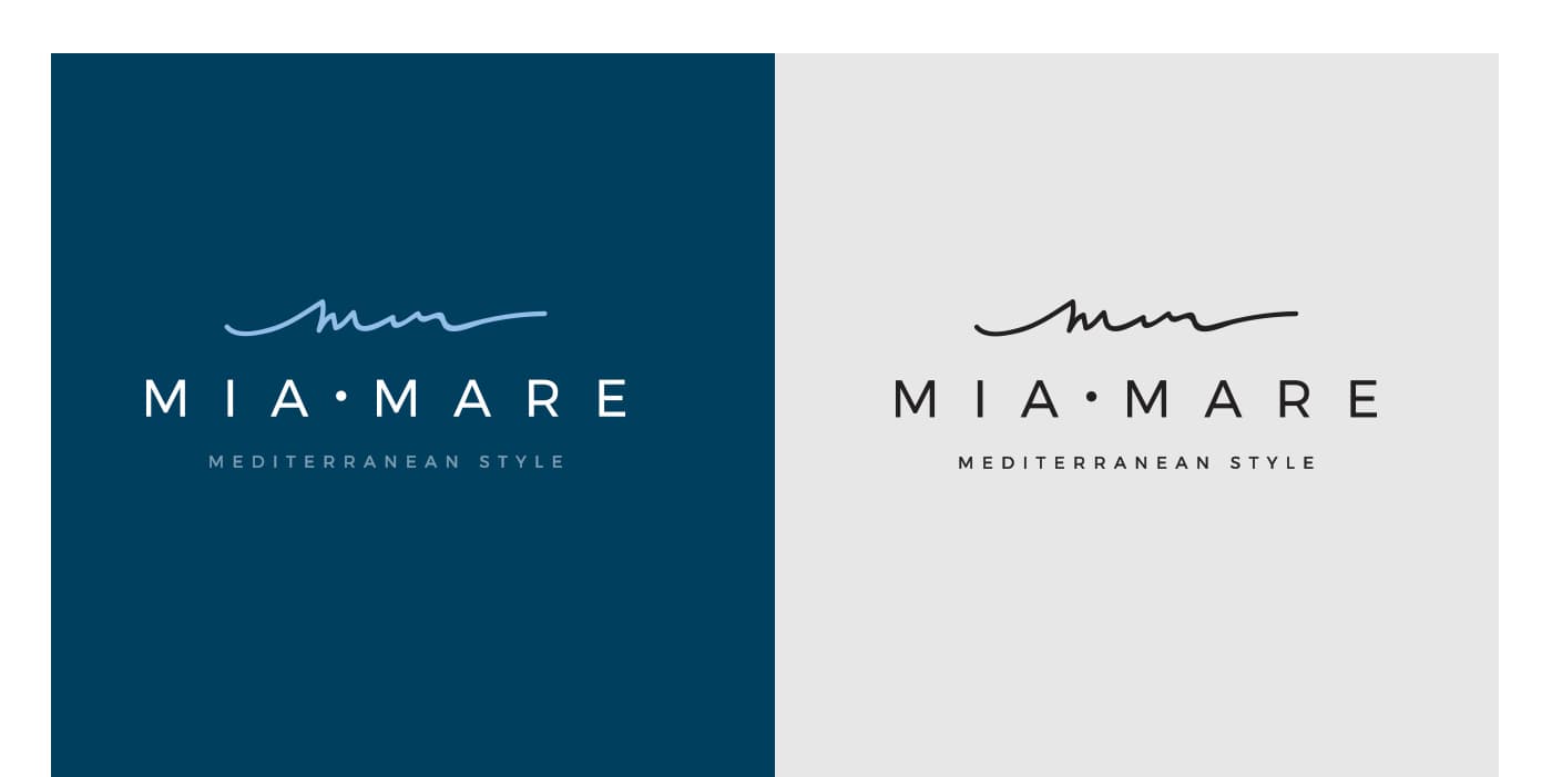 Mia Mare logo in light and dark versions with its handwritten signature