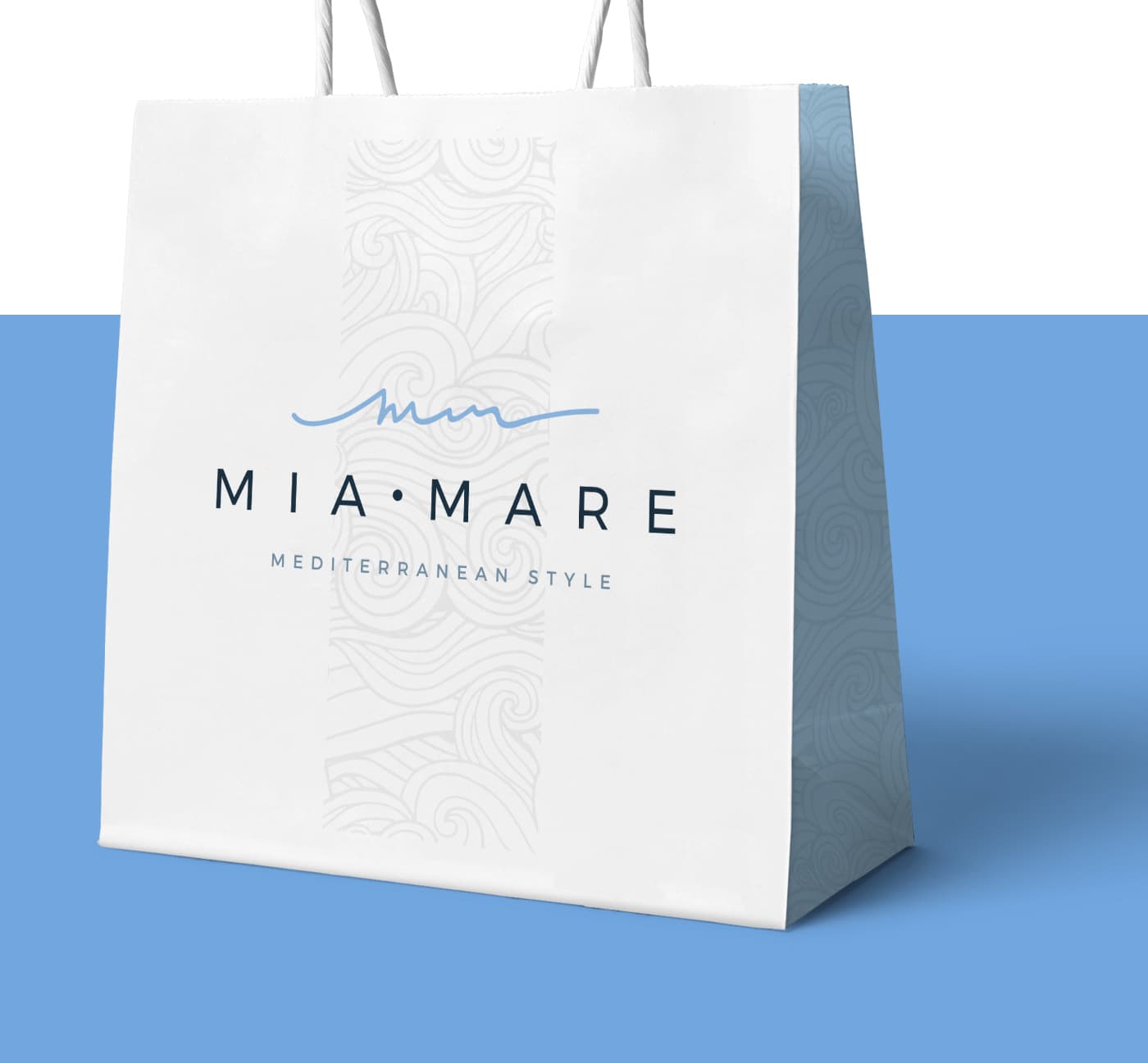 Paper bag with the logo and a wave pattern on a blue background