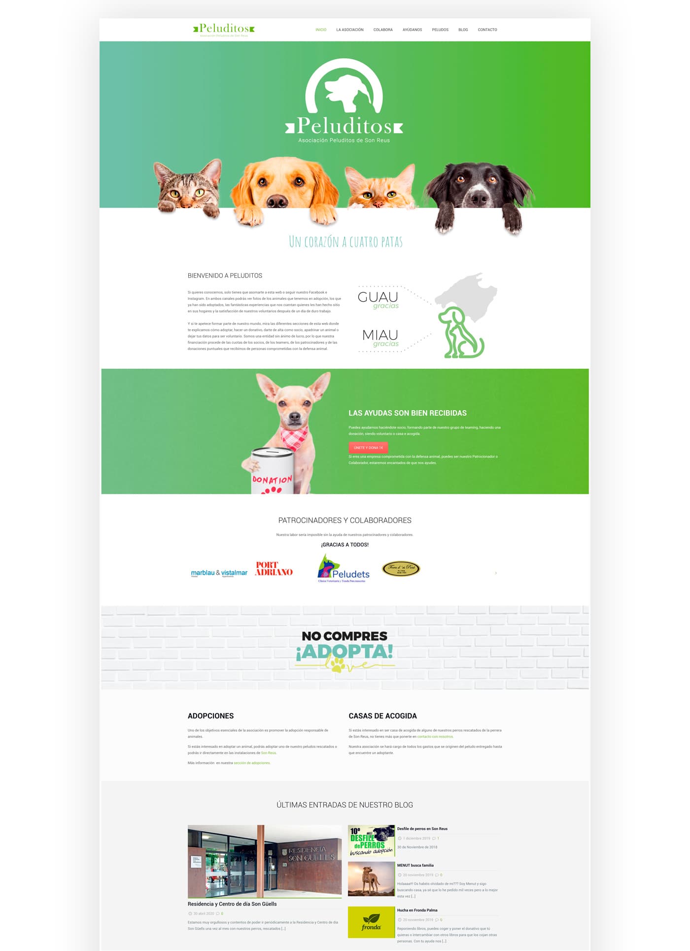 Homepage with the Peluditos logo and photographs of dogs and cats