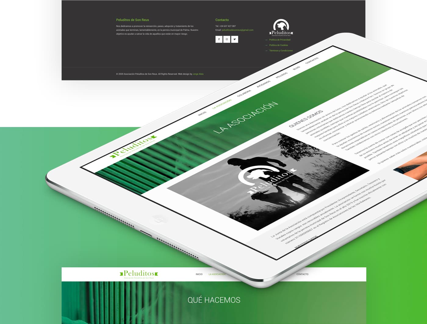 Tablet mockup with the Association section and dark footer
