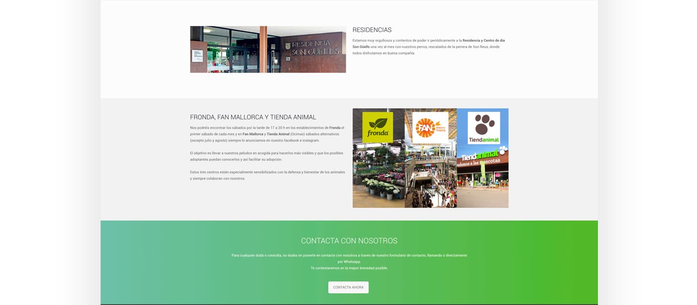Collaborators section with photos of Fronda, Fan Mallorca and Tienda Animal stores