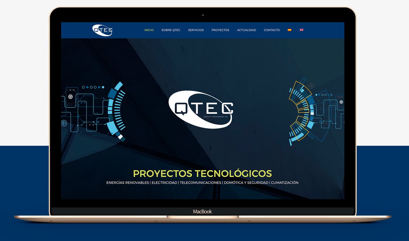 Laptop mockup with the QTEC homepage and circular technology graphics
