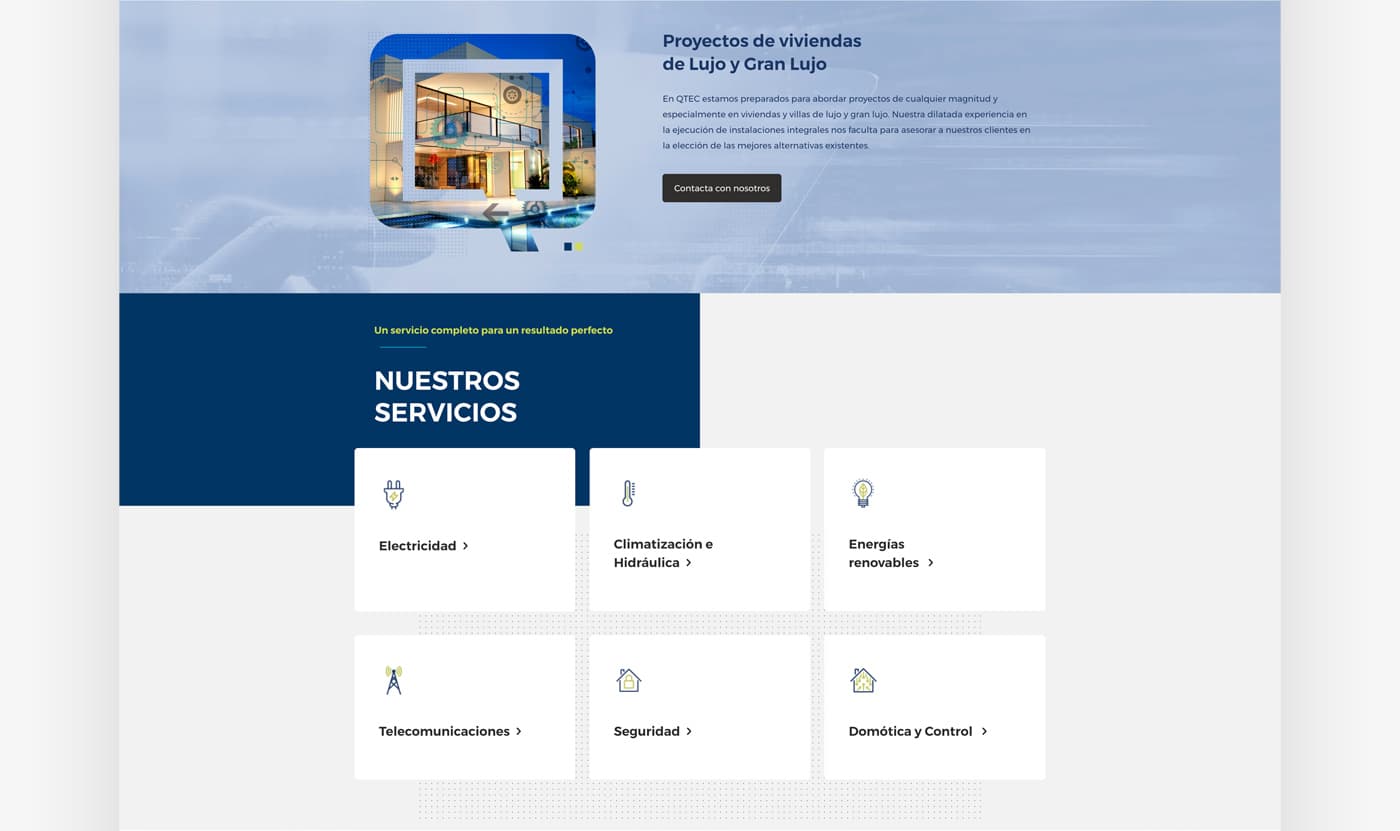 Website section on luxury housing projects with the QTEC services grid