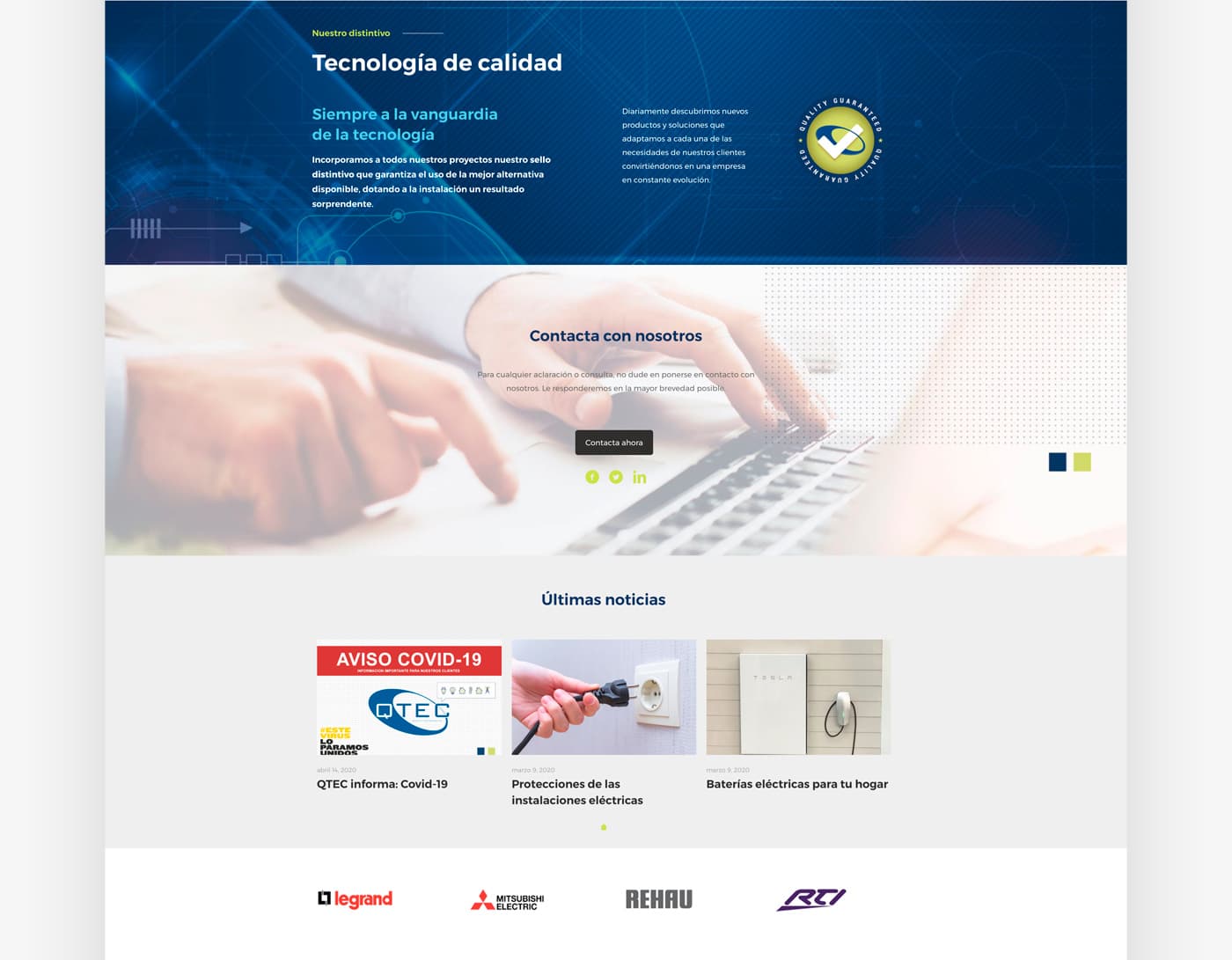Quality Technology section, contact banner and partner brand logos