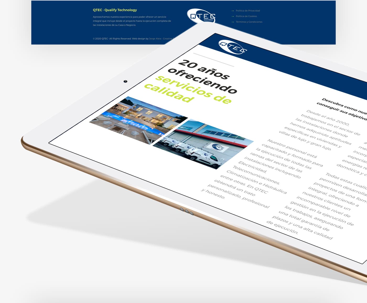 Tablet mockup with the 20 years offering quality services section