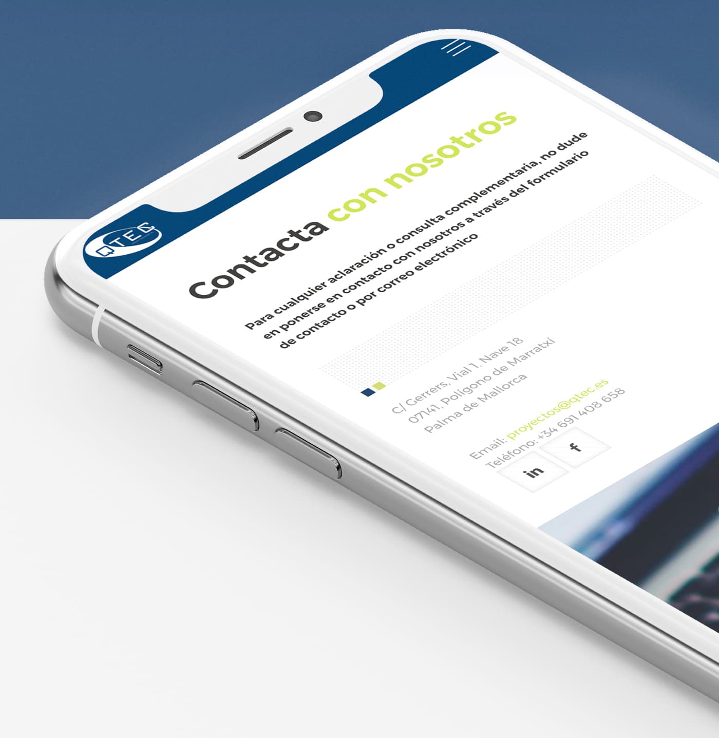 Mobile mockup with the contact section and QTEC's address