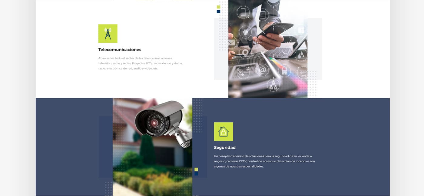 Telecommunications and security sections with a photo of a CCTV camera
