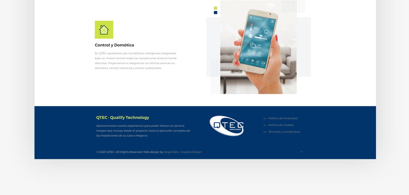 Control and home-automation section with a smart-home app on mobile and the footer