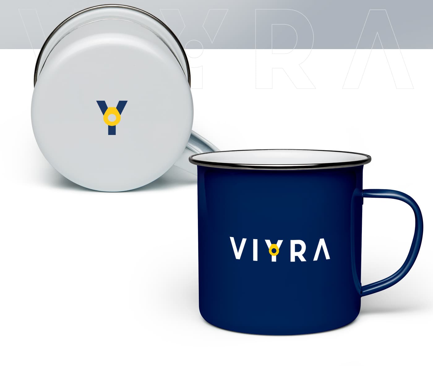 Tazas esmaltadas blanca y azul marino con el logotipo y el símbolo circular amarillo