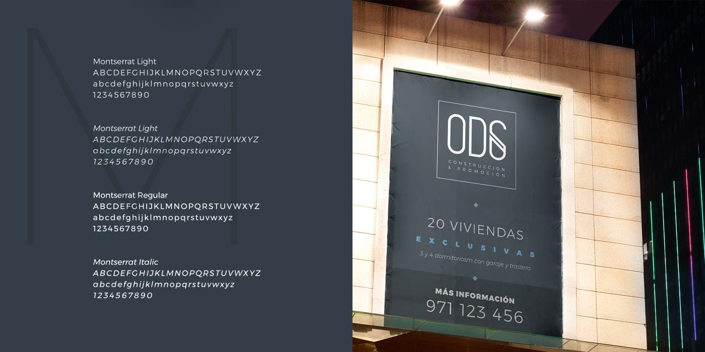 Fitxa tipogràfica Montserrat i lona publicitària d'ODS en una façana nocturna