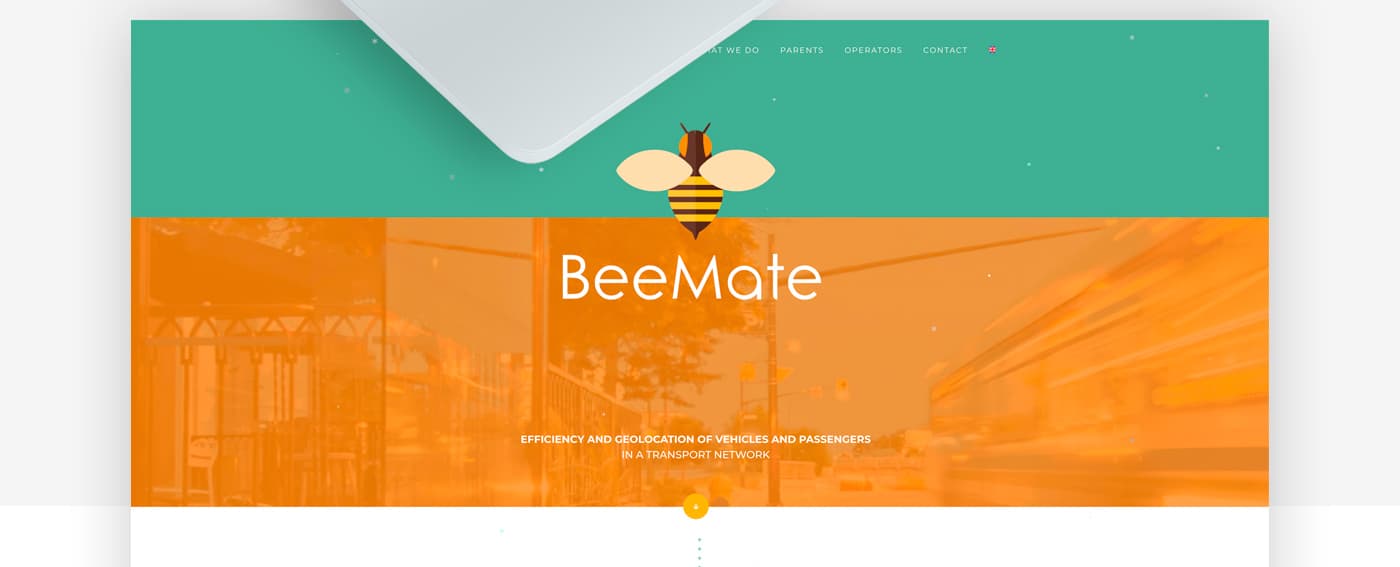 Website header with the bee logotype and slogan on an orange background