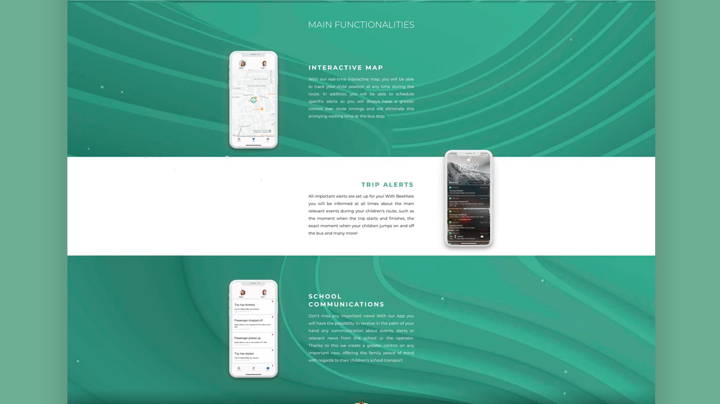 Key features section with screenshots of the interactive map and trip alerts
