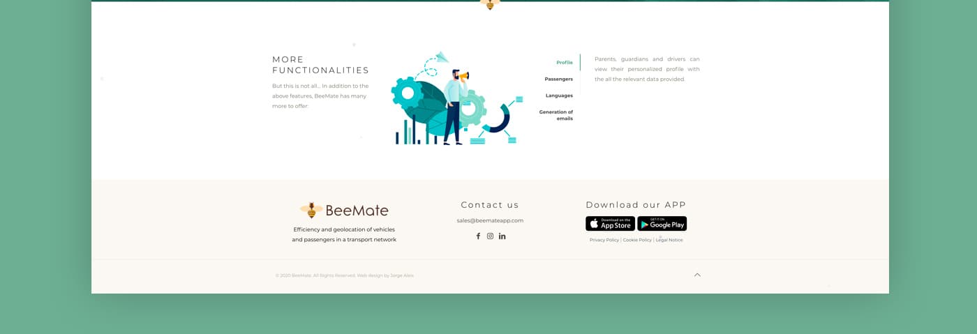 Additional features section with a user profile illustration and footer