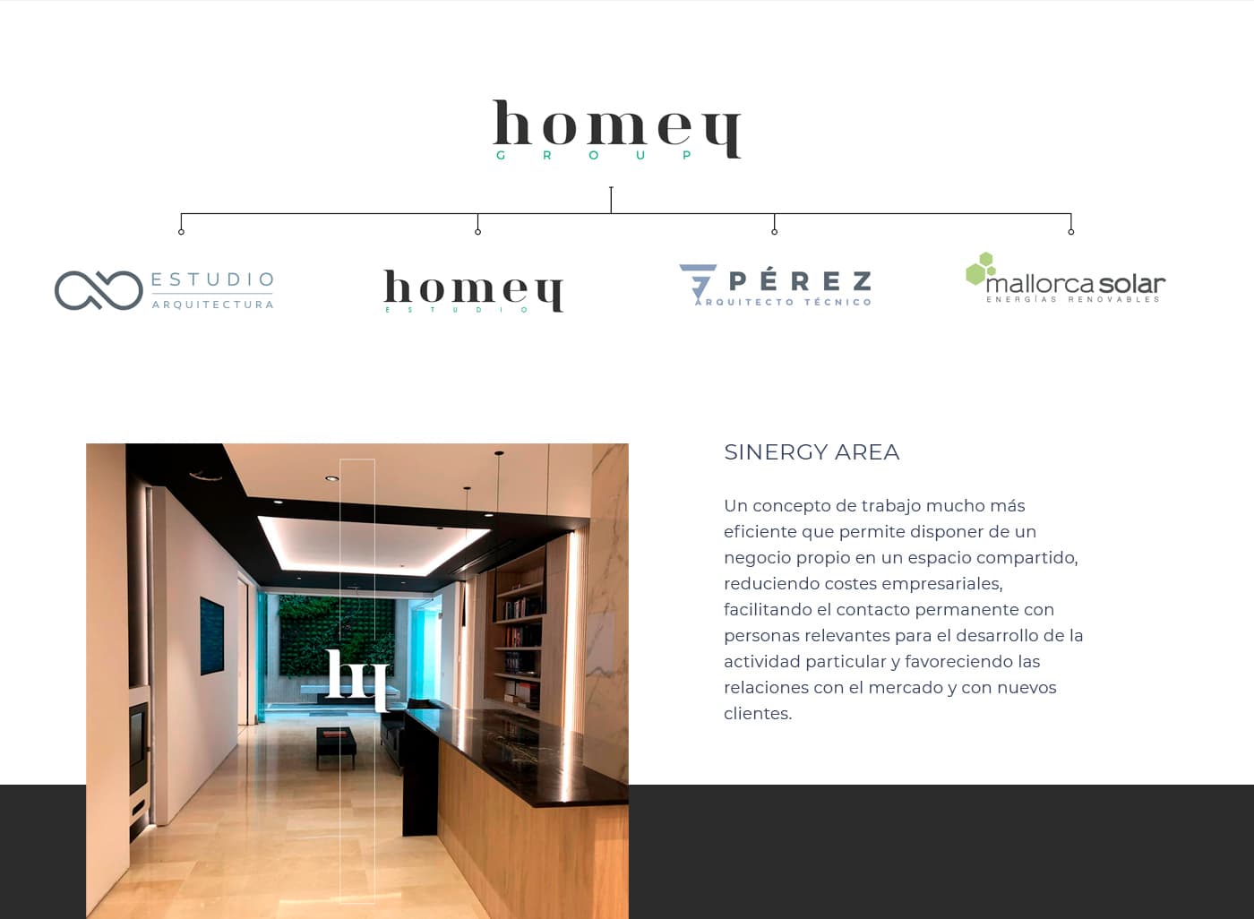 Esquema de las empresas del grupo Homey junto a una fotografía de interiorismo