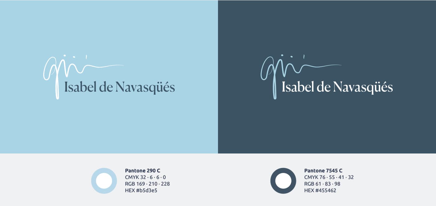 Logotipo manuscrito de Isabel de Navasqüés en versión clara y oscura con su paleta de color