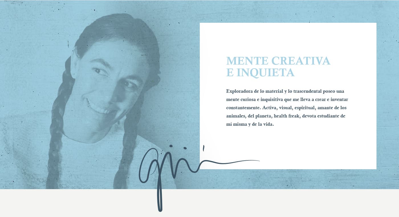 Retrato en tono azul de Isabel de Navasqüés junto al texto Mente creativa e inquieta