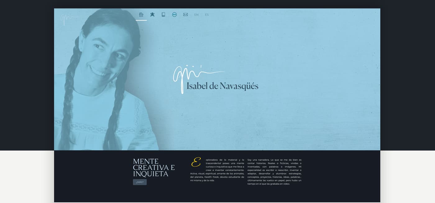 Página de inicio de la web con el retrato de Isabel y su firma manuscrita