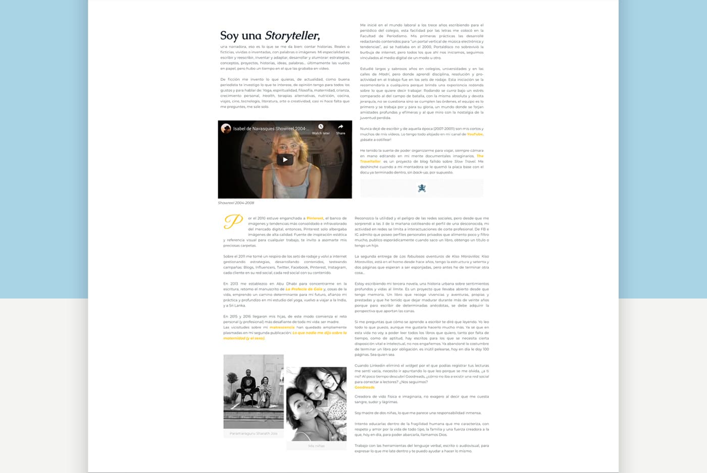 Página web Soy una Storyteller con vídeo showreel y fotografías familiares