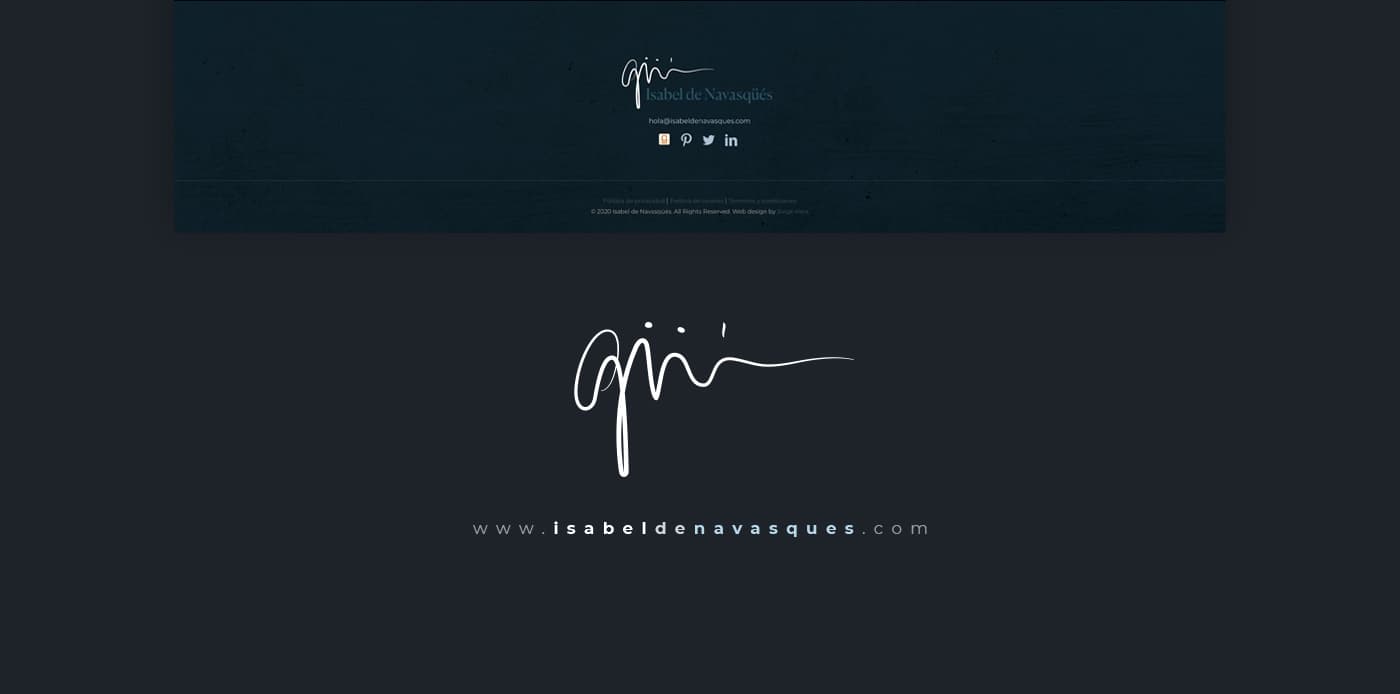 Pie de página oscuro de la web con la firma y el logotipo de Isabel de Navasqüés