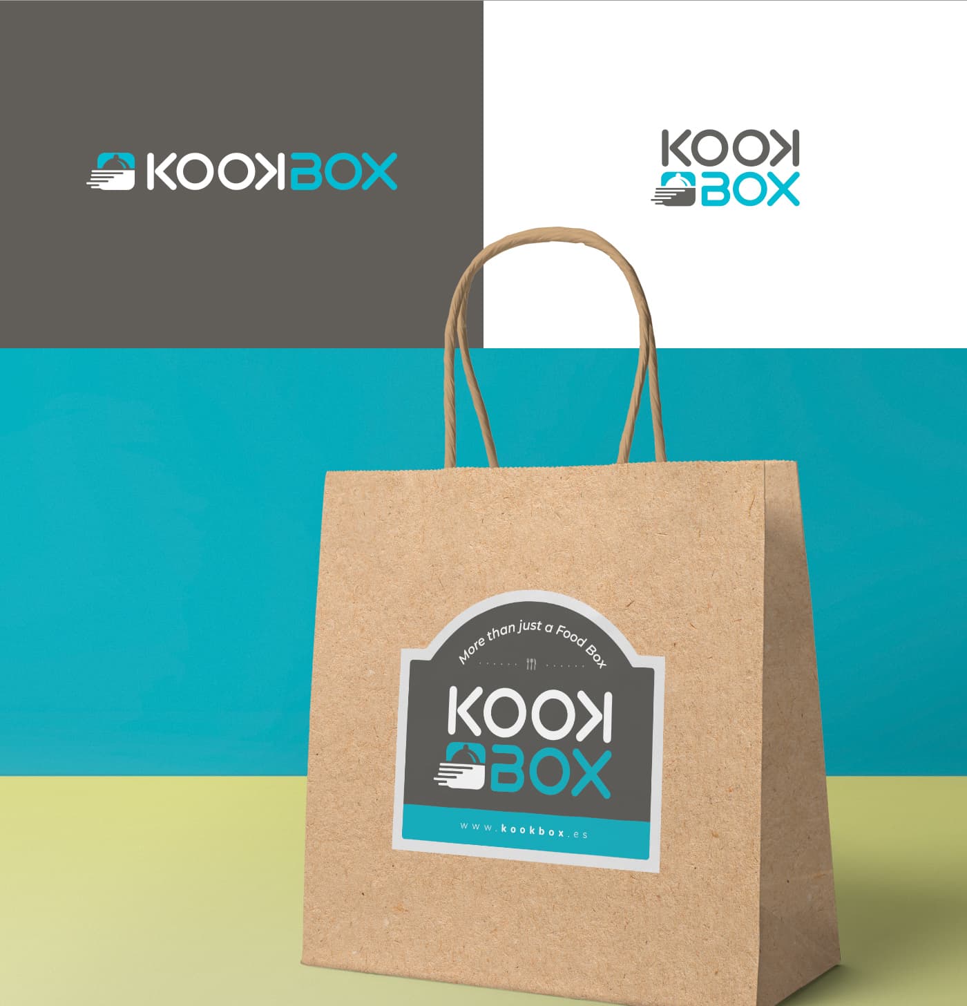 Logotipo de KookBox sobre fondo gris y blanco, aplicado en mockup de bolsa de papel kraft