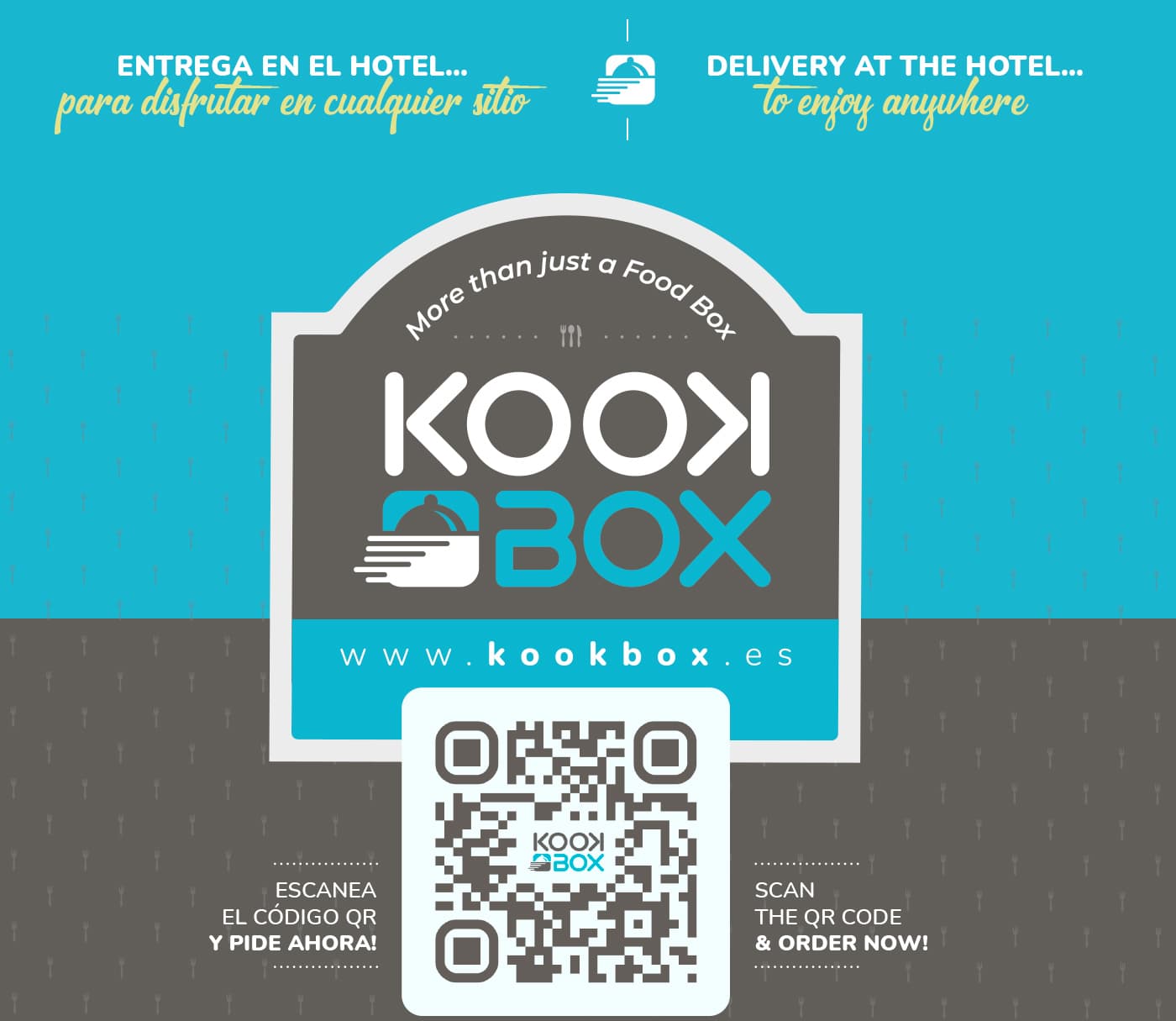 Cartel promocional bilingüe con el logotipo, código QR y mensaje de entrega en el hotel