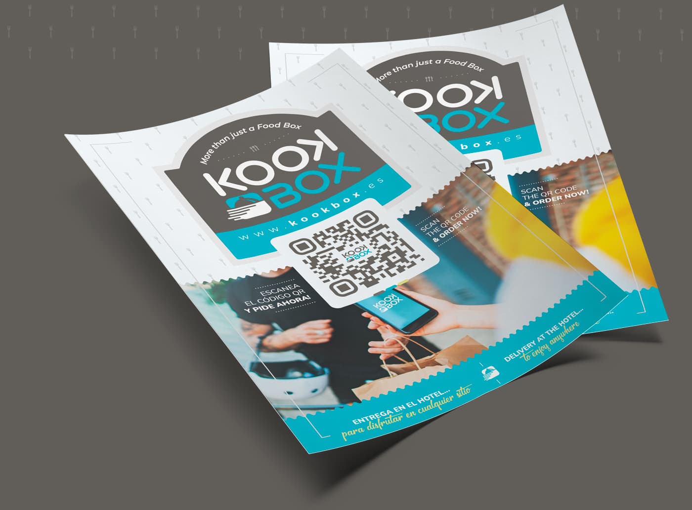 Dos flyers publicitarios superpuestos con código QR para pedir y fotografía de reparto en bicicleta
