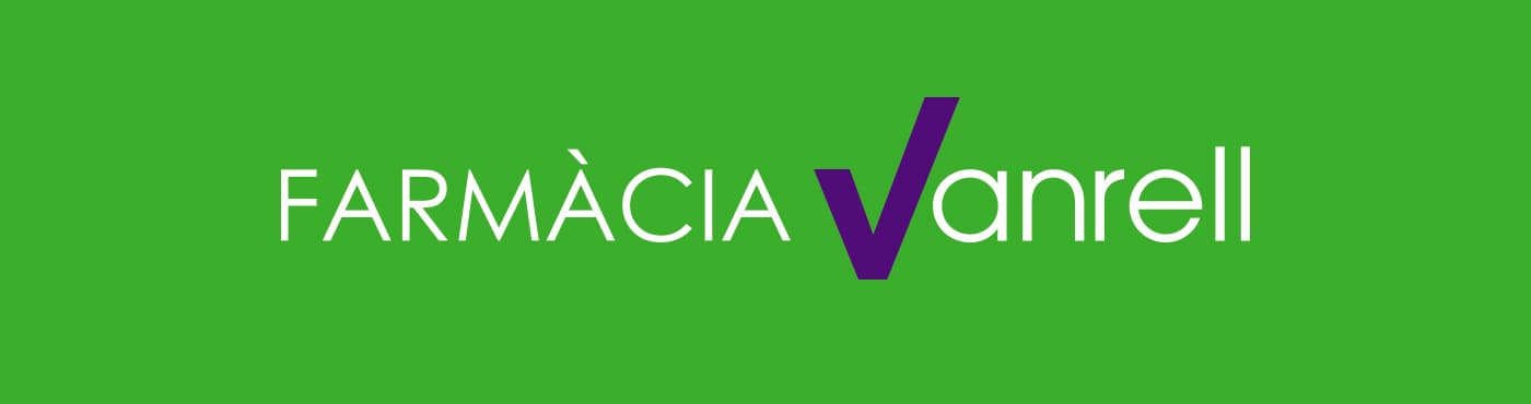 Farmàcia Vanrell logo in white and purple on a green background