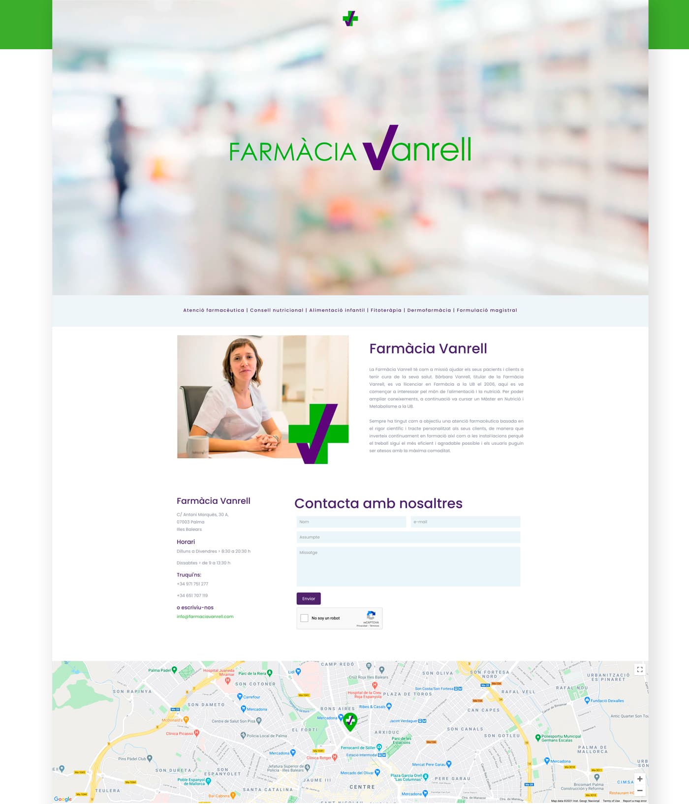 Farmàcia Vanrell website with a blurred interior photo and centered logo