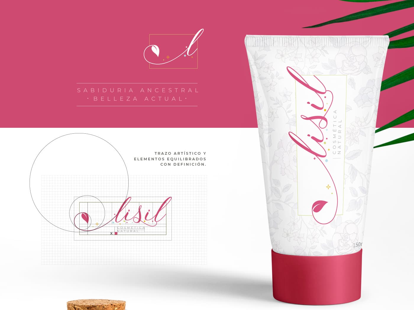 Fitxa de marca amb la construcció geomètrica del logotip i un tub de crema floral