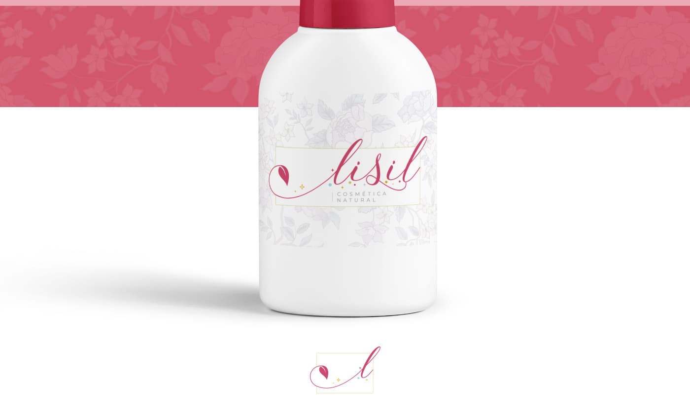 Ampolla blanca amb tap vermell i estampat floral amb el logotip de Lisil