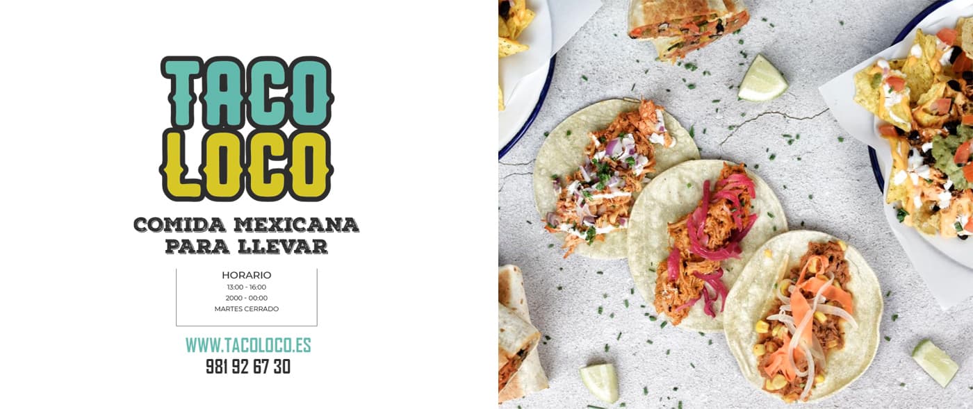 Logotip de Taco Loco en turquesa i groc al costat d'una safata de tacos i nachos