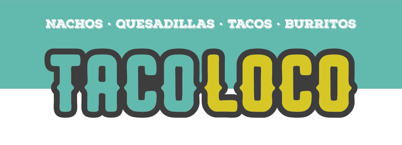 Cartell amb la llista de productes nachos, quesadillas, tacos i burritos sobre el logotip