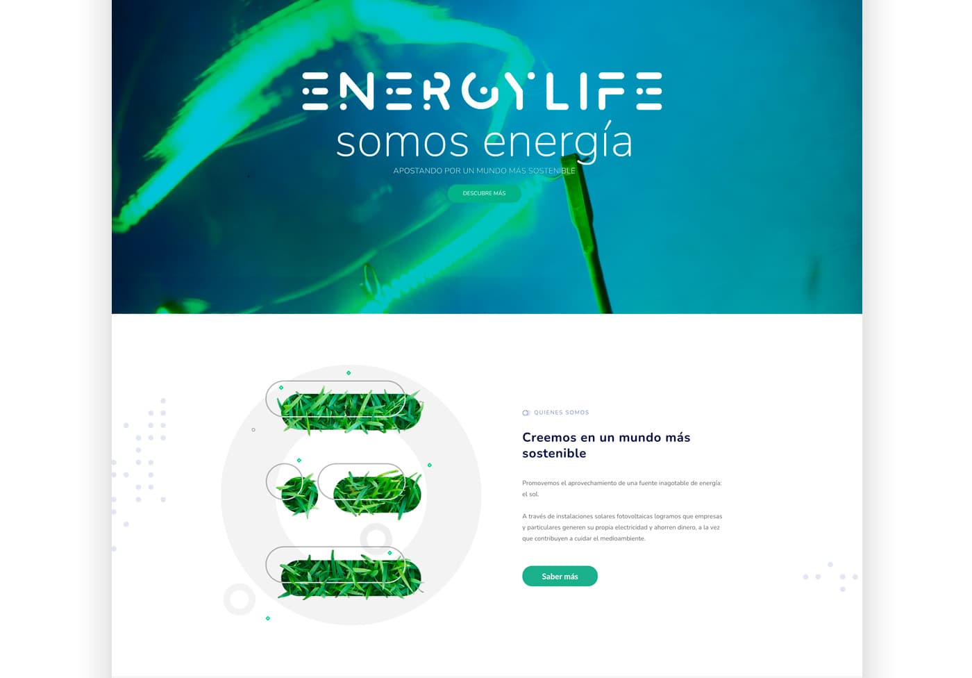 Capçalera de la web amb el claim Som energia i secció Qui Som amb icones de gespa