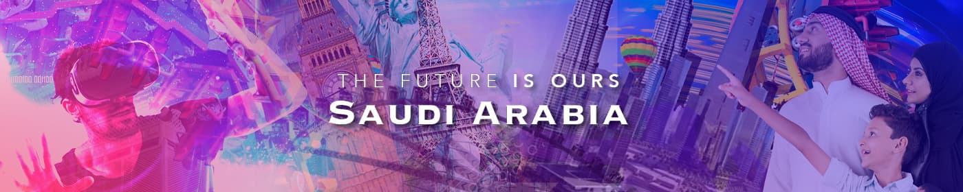 Collage with VR headsets, monuments and the tagline The Future Is Ours Saudi Arabia