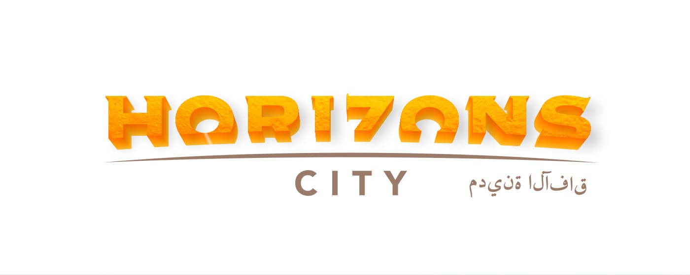 Horizons City logo in gold lettering with a stone texture